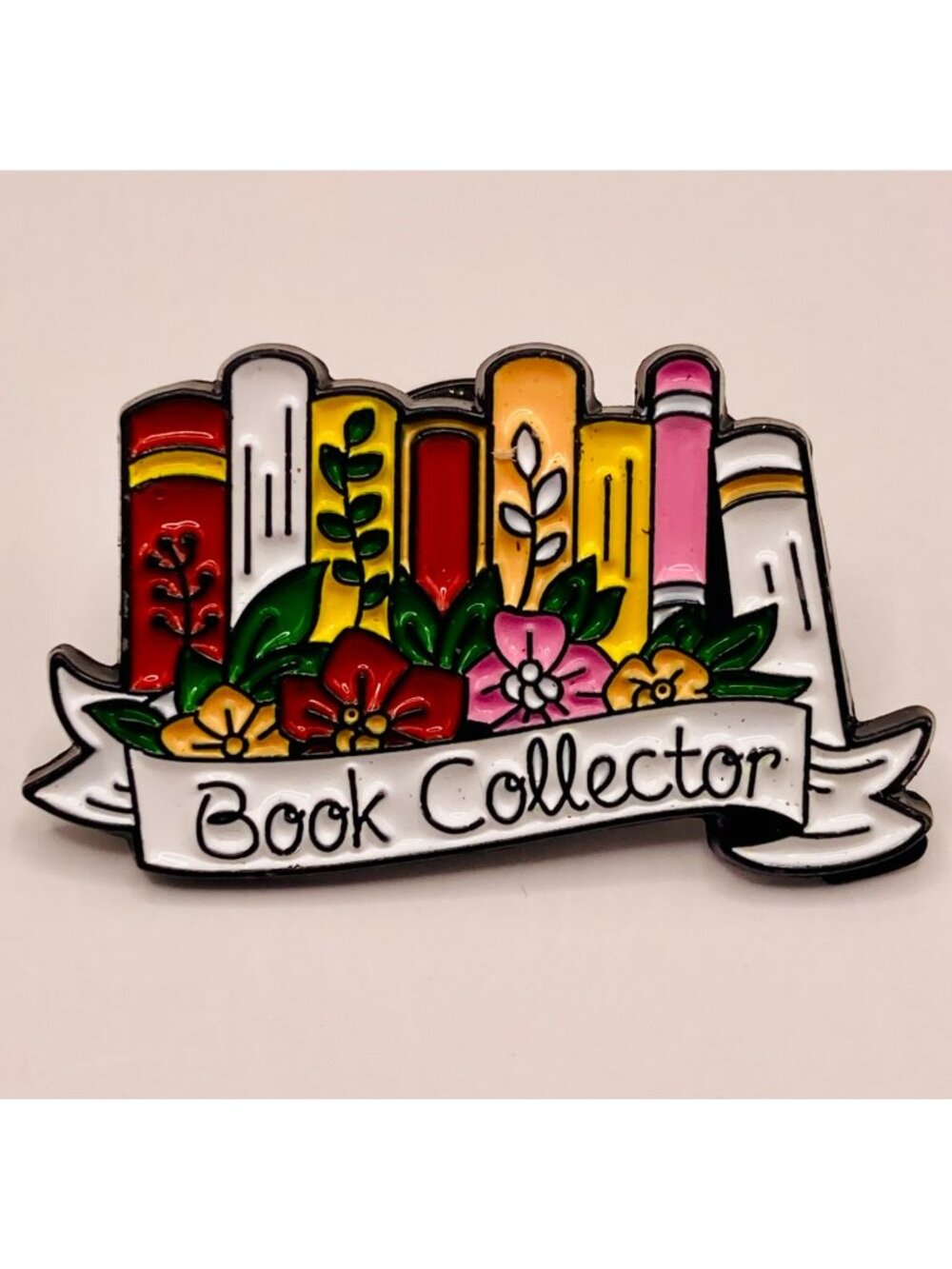 Book Collector Enamel Pin Floral & Bookshelf Design -92B